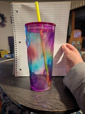 Starbucks Iridescent Purple and Teal Ombre Tumbler with Yellow Straw